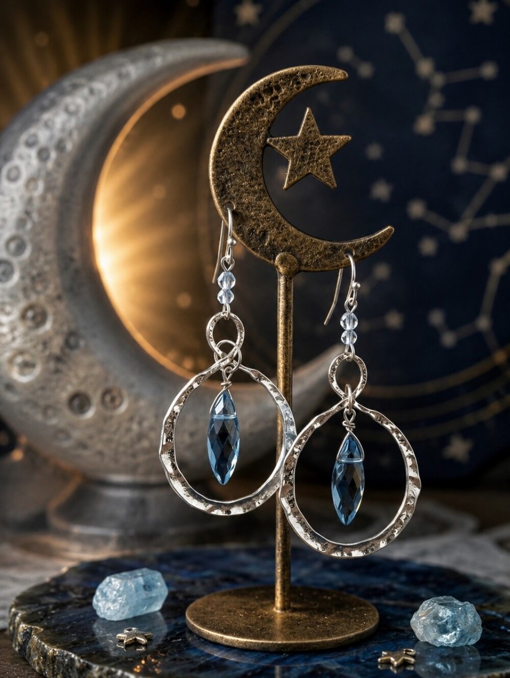Hammered Silver Tone Open Hoop Blue Crystal Dangle Earrings Whimsigoth 2.8"